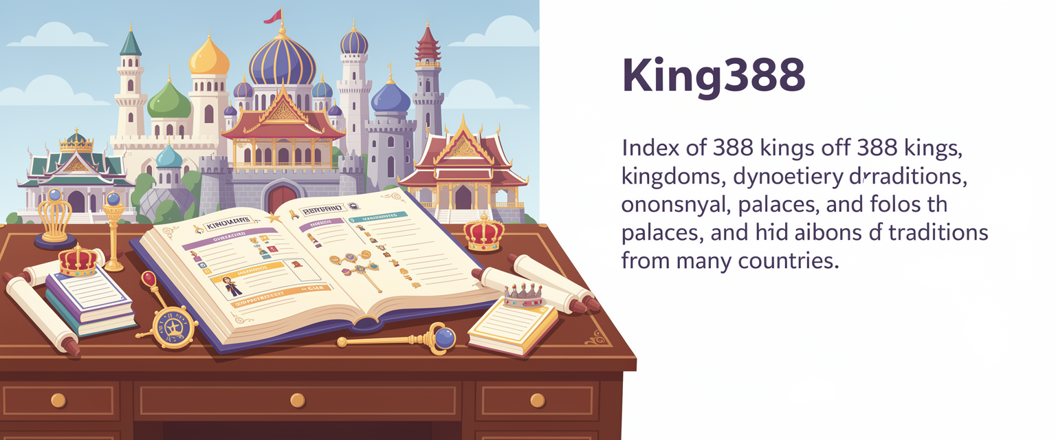 Ilustrasi catatan dinasti kerajaan yang mudah dibaca untuk King388 dengan tema indeks 388 raja, kerajaan, dinasti, istana, dan tradisi dari banyak negara.